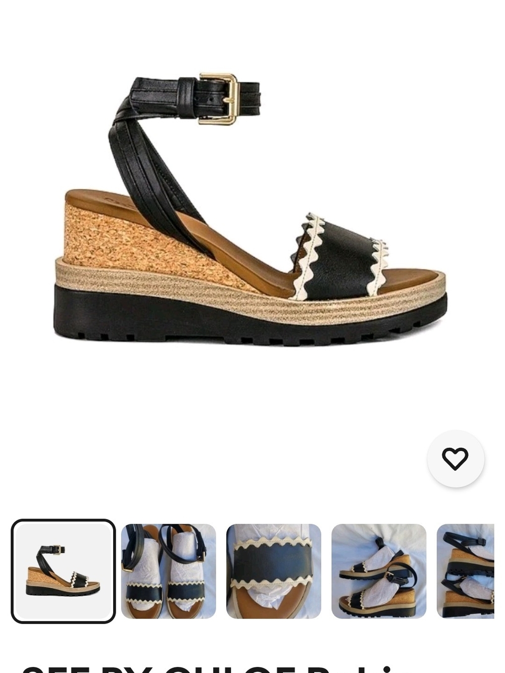 See By Chloe Black and Cream Scallop Ankle-Strap Wedge Sandal